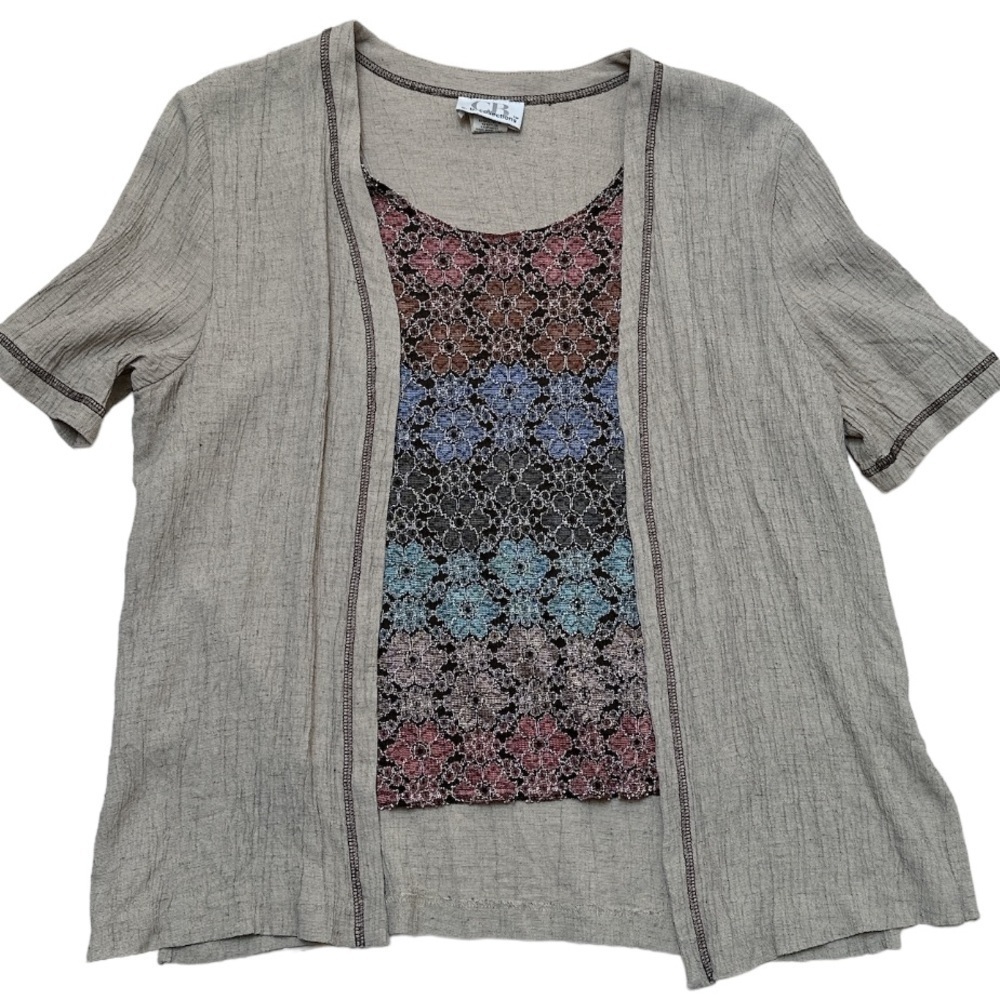 CBCollections Vintage Layered Floral Print Top Attached SS Open Cardigan Y2K 90